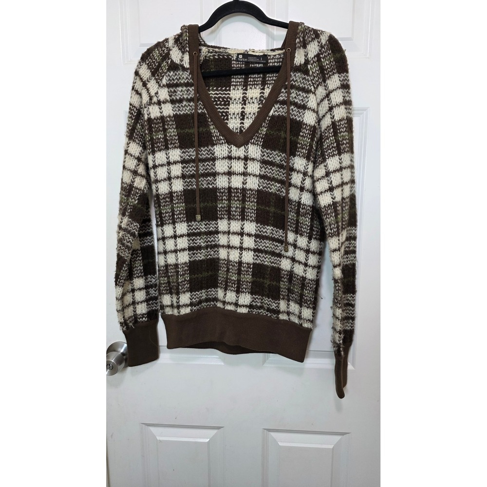 Burton Plaid Knit Hoodie Sweater Women Large Brown Cream V-Neck Pullover